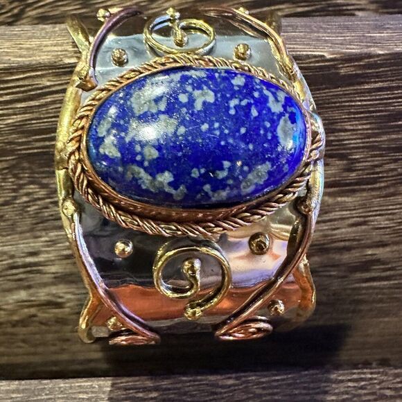 Artisan 2-Inch Wide Lapis Lazuli Cuff Bracelet, Adjustable‎ Mixed Metals, Gift R - Picture 3 of 13